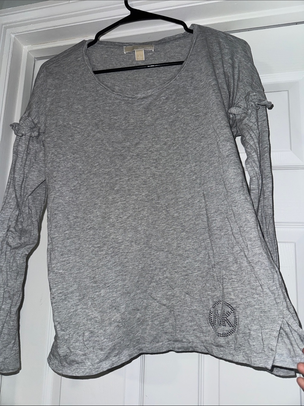 Michael Kors Heather Gray Long Sleeve Scoop Neck Ruffle Tee